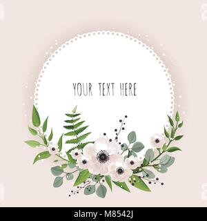 Round floral label frame arranged from leaves and flowers. Stock Vector