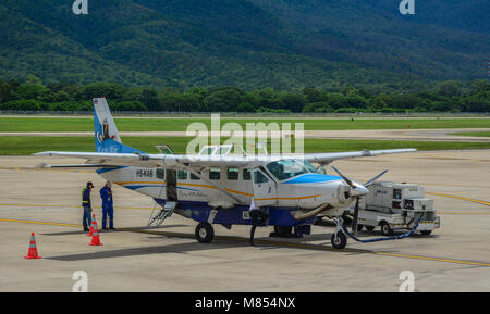 Chiang Mai, Thailand - Jun 25, 2016. Cessna 208B Grand Caravan aircraft of Kan Air on runway in Chiang Mai Airport, Thailand. Stock Photo