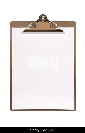 Ordinary clipboard with plain paper isolated on a white background.  Space for copy. Stock Photo