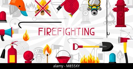 Banner with firefighting items. Fire protection equipment Stock Vector
