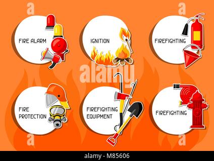 Stickers with firefighting items. Fire protection equipment Stock Vector