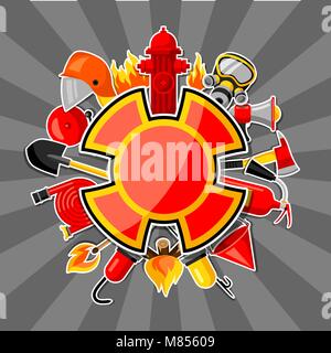 Badge with firefighting sticker items. Fire protection equipment Stock Vector