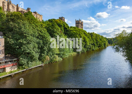 A view along the River Wear from Framwellgate Bridge in the Center of Durham, a view of the Cathedral and Castle, UK Stock Photo