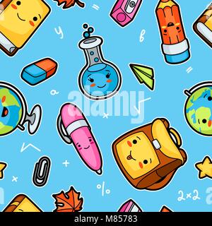 Kawaii school seamless pattern with cute education supplies Stock Vector