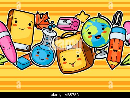Kawaii school seamless pattern with cute education supplies Stock Vector