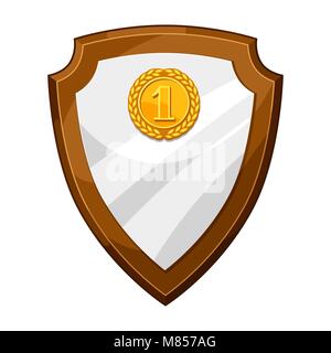 Wood plaque award board with gold medal. Illustration of shield for sports or corporate competitions Stock Vector