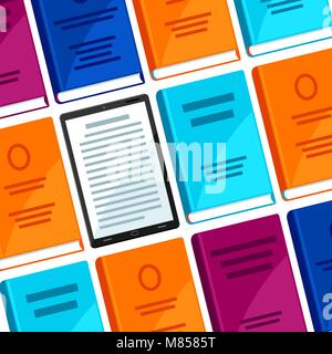 Digital library concept background. Set of books and tablets Stock Vector