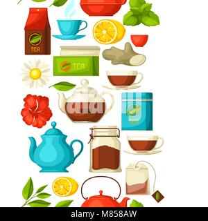 Seamless pattern with tea and accessories, packs and kettles Stock Vector