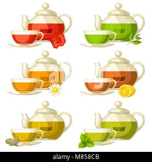 Types of tea. Set of glass cups and kettles with different tastes and ingredients Stock Vector