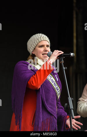 Jo Swinson MP speaking at the March 4 Women women's equality protest organised by Care International in London. 2019 leader of Liberal Democrats Stock Photo