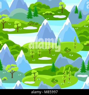 Spring seamless pattern with trees, mountains and hills. Seasonal landscape illustration Stock Vector