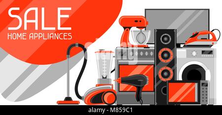 Sale banner with home appliances. Household items for shopping and advertising flyer Stock Vector