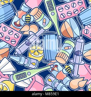 Seamless pattern with medicines and medical objects. Treatment of cold and flu Stock Vector