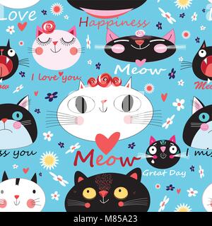 Vector seamless pattern enamored cats on a floral background Stock Vector