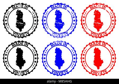 Made in Albania - rubber stamp - vector, Albania map pattern - black,blue and red Stock Vector