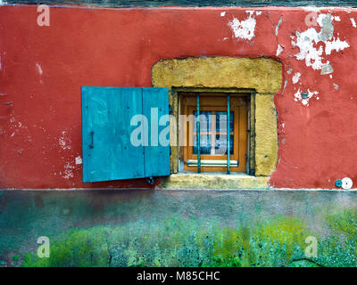 A close up view of part of a colorful window of a medieval house in Turckheim, Alsace, France Stock Photo