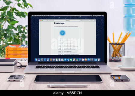 Telegram Open Network TON white paper roadmap on macbook screen. Telegram TON by Pavel Durov is the future of blockchain and cryptocurrency. Stock Photo
