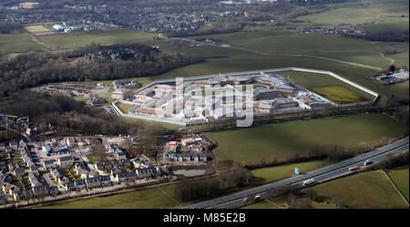 aerial view of HMP Lancaster Farms next to the M6 at Lancaster, UK Stock Photo