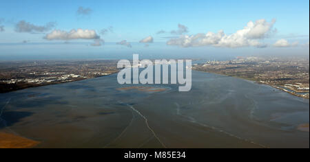 aerial view of the Mersey Estuary between Liverpool and Birkenhead, UK Stock Photo