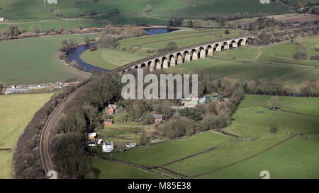 aerial view of a railway bridge viaduct near Pool in Wharfedale, West Yorkshire Stock Photo