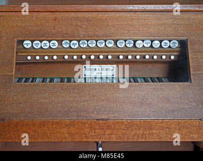 A view of the Church organ and cover at the parish church of St Helen at Ranworth, Norfolk, England, United Kingdom, Europe. Stock Photo