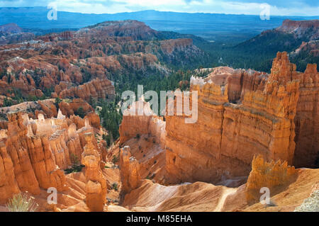 View of early morning light on hoodoos as seen from the Sunset Point overlook in Bryce Canyon National Park, Utah USA Stock Photo