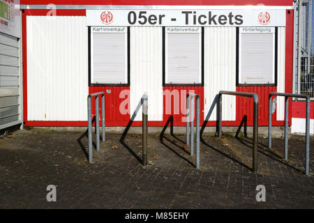 Mainz, Germany - February 25, 2018: Closed ticket booth or ticket sales desks at the Bruchweg stadium of the soccer club 1. FSV Mainz 05 on February,  Stock Photo