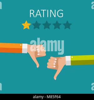 Flat Design Hand with Star Rating.  Evaluation System and Positive Review Sign. Vector Illustration Stock Vector