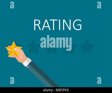 Flat Design Hand with Star Rating.  Evaluation System and Positive Review Sign. Vector Illustration Stock Vector