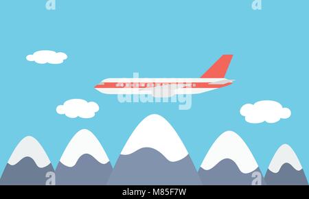 View of the large and fast line airliner flying among the clouds in the blue sky - vector Stock Vector