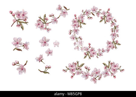 Flower Elements Isolated on White. Apple/Almond/Cherry Spring Blooms. Pink Flower Wreath, Swag, Branch, and Flowers. Watercolor Painted Sakura Flowers. Stock Photo