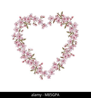 Floral Heart Wreath. Apple/Almond/Cherry  Wreath in a Heart Shape. Spring Blooms Wreath Isolated on white. Floral Set for Background, Print, Textile. Stock Photo