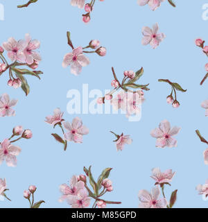 Floral Seamless Pattern on Blue Background. Apple Almond Cherry Blossoms. Spring Flowers Seamless Background. Stock Photo