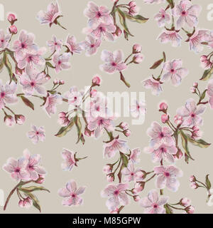 Floral Wreath Seamless Pattern on Tan Background. Romantic Background with Spring Blossoms. Watercolor Hand Painted Tree Flowers in Wreath Pattern. Stock Photo