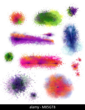 Set of Paint Splatter Stains in Bright Watercolor. Hand Painted Watercolor Stains with Splatter Effect Isolated on White. Stock Photo