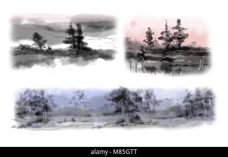 Three Landscapes on Wet Paper in Monochrome. set of Foggy Sunrise Landscape Painting for Romantic Creative Design. Watercolor Painting Collection. Stock Photo