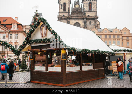 Prague, December 13, 2016: Old Town Square in Prague on Christmas Day. Christmas market in the main square of the city. Decoration tent with various s Stock Photo