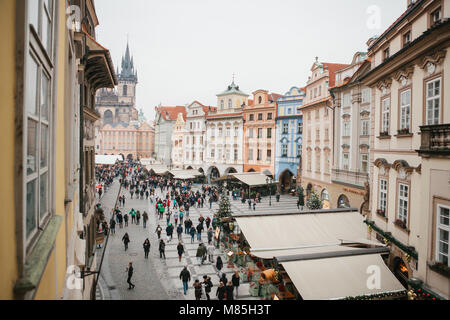 Prague, December 13, 2016: Old Town Square in Prague on Christmas Day. Christmas market in the main square. Celebrating Christmas. Happy local residen Stock Photo