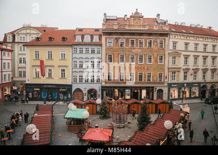 Prague, December 13, 2016: Old Town Square in Prague on Christmas Day. Christmas market in the main square. Celebrating Christmas. Happy local residen Stock Photo