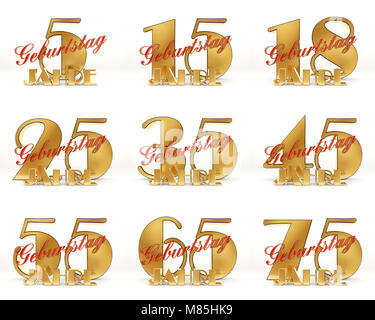 Set of Years celebration design. Anniversary golden number template elements for your birthday party. 3D illustration. Translated from the German - ye Stock Photo