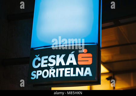 Close-up of glowing blue banner of the Czech bank -ceska sporitelna Stock Photo