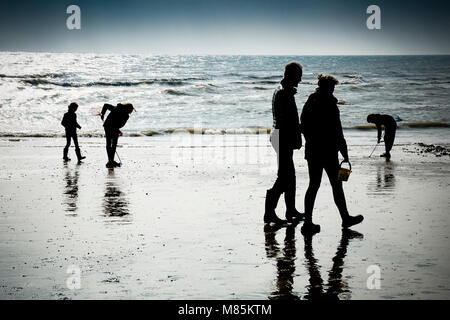 Family enjoying the seaside walking and digging on the beach Stock Photo