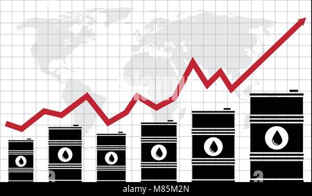 vector crude oil price financial chart with world map and grid on background. red arrow shows oil prices up and down trade trend. energy market flat b Stock Vector