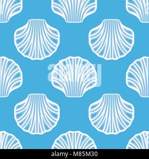 vector sea shell seamless background. white seashell symbols on blue background. ocean scallop animal pictogram. simple flat style graphic Stock Vector