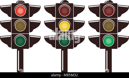 vector icons of traffic light isolated on white background. stoplight semaphore symbols with red, yellow and green lights. safety regulation signs. fl Stock Vector