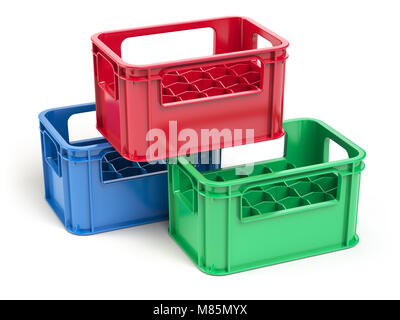Empty  plastic storage crates for bottles isolated on white background. 3d illustration Stock Photo