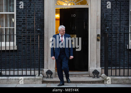 London, UK. 14th March, 2018. Carwyn Jones, First Minister of Wales, leaves 10 Downing Street following a meeting with Prime Minister Theresa May. Subjects discussed included Clause 11 in the EU Withdrawal Bill, the Swansea Bay tidal lagoon, the devolution of Air Passenger Duty and the United States’ recent statements regarding steel. Credit: Mark Kerrison/Alamy Live News Stock Photo
