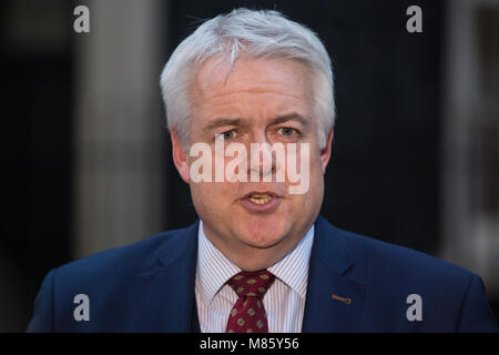 London, UK. 14th March, 2018. Carwyn Jones, First Minister of Wales, speaks to broadcast media outside 10 Downing Street following a meeting with Prime Minister Theresa May. Subjects discussed included Clause 11 in the EU Withdrawal Bill, the Swansea Bay tidal lagoon, the devolution of Air Passenger Duty and the United States’ recent statements regarding steel. Credit: Mark Kerrison/Alamy Live News Stock Photo