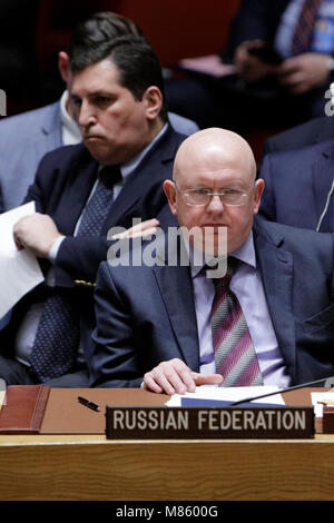 United Nations. 14th Mar, 2018. Russian Ambassador to the United Nations Vassily Nebenzia (Front) attends a Security Council emergency meeting regarding accusations of the use of a nerve agent in the United Kingdom at the United Nations headquarters in New York, on March 14, 2018. Russian Ambassador to the United Nations Vassily Nebenzia said Wednesday that Britain's allegations that Moscow was responsible for a nerve attack were 'completely unacceptable.' Credit: Li Muzi/Xinhua/Alamy Live News Stock Photo