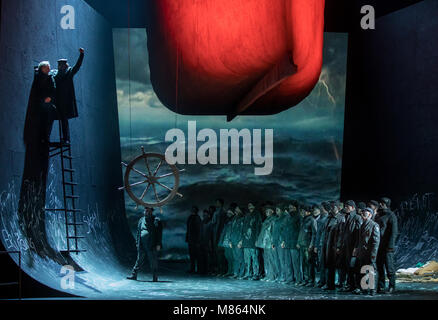 14 March 2018, Germany, Erfurt: Singers, extras and the choir rehearsing for the opera 'The Flying Dutchman' in the Theater Erfurt. Richard Wagner's opera, produced by Guy Montavon, premiers on 17 March. Photo: Arifoto Ug/Michael Reichel/dpa Stock Photo